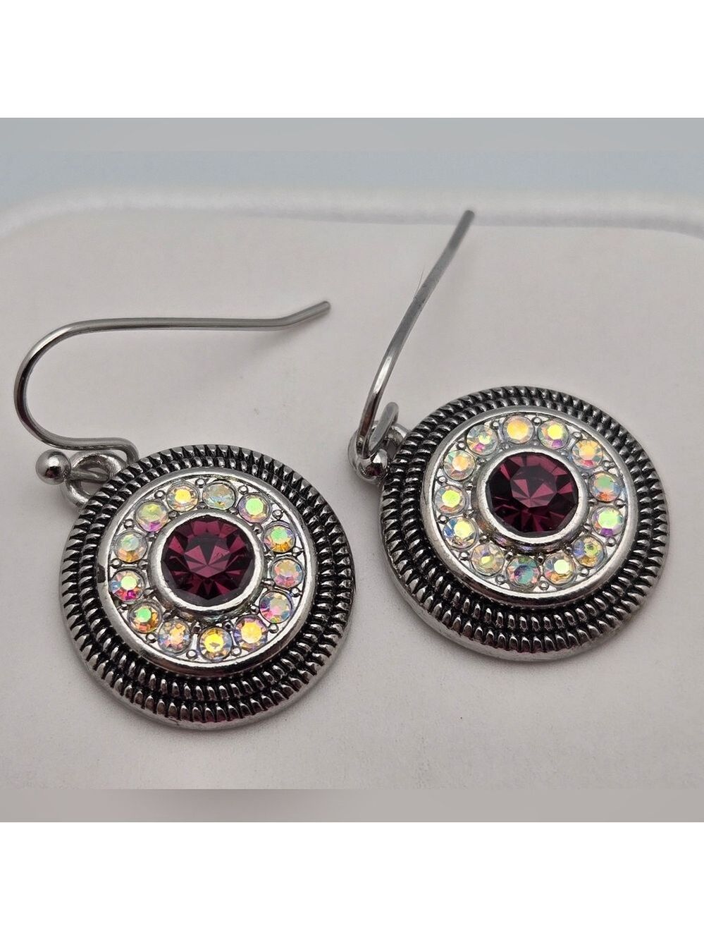 Retired Lia Sophia Silver & Purple Dangle Earrings w/ Aurora Borealis AB